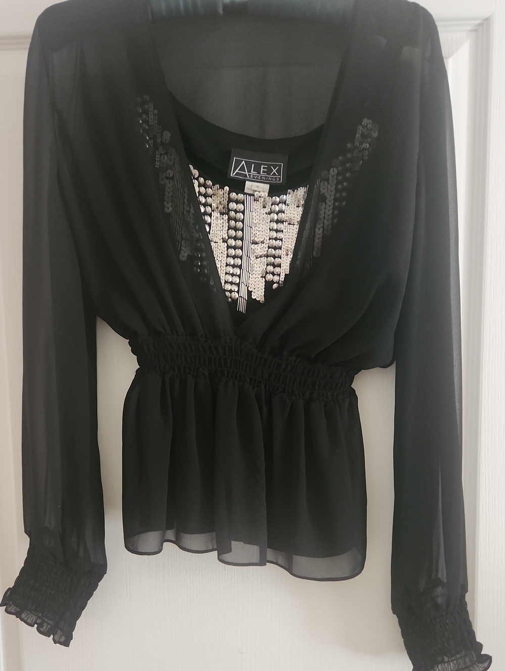 Alex Evenings Black Sheer Long-Sleeve Blouse with Sequin Detail